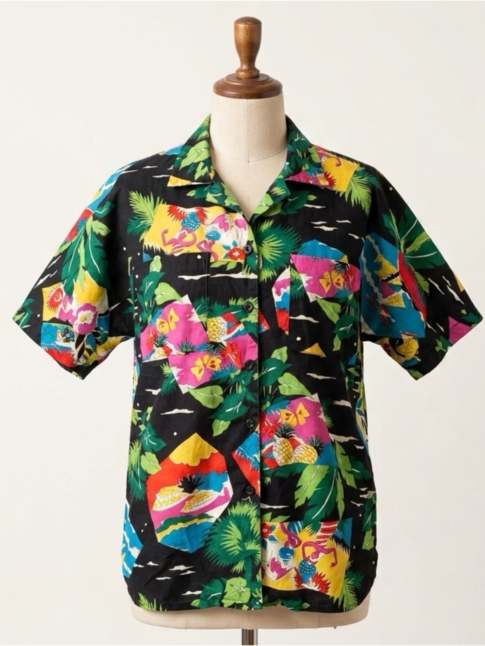 Vintage Womens Hawaiian Shirt Tropical Aloha 80s Button Up Colourful Novelty M